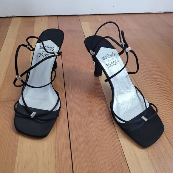 Vintage Mootsies Tootsies black strappy bling sandals open toe leather - Picture 1 of 11